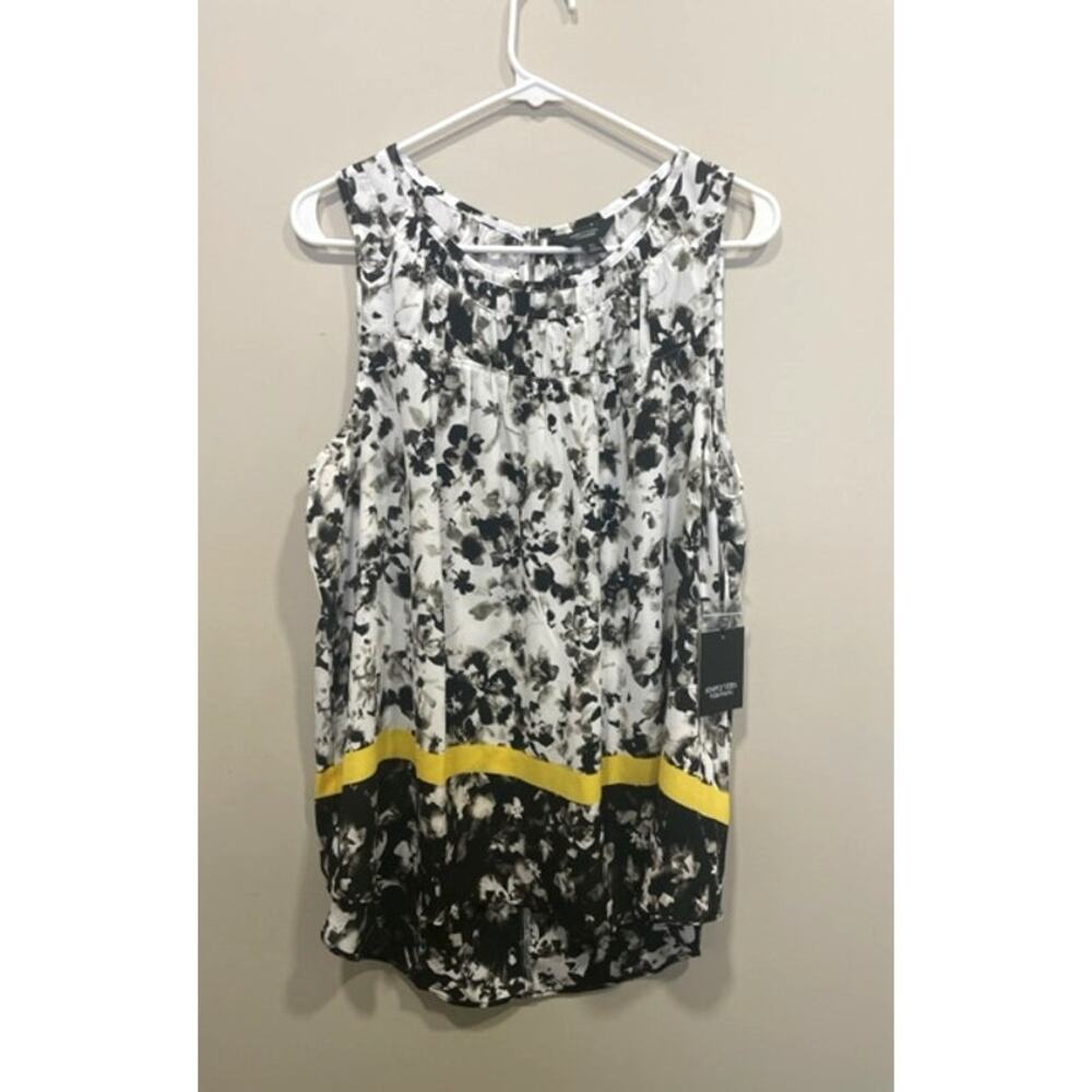 NWT Vera Wang Sleeveless Blouse Black White Yellow Floral Womens Sz XL